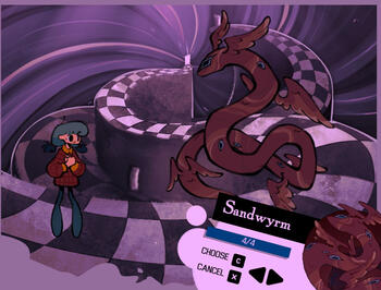 Hypno-Quest protagonist Leeda - a worried little girl with blue hair and a red sweater - fighting a long flying serpent-like creature with many eyes along its body in a distorded corridor with a checkered floor.