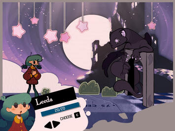 Hypno-Quest protagonist Leeda - a worried little girl with blue hair and a red sweater - fighting a black sphynx-like creature with glowing light-purple eyes and guarding a gate to a checkered path leading to a floating castle in the distance.