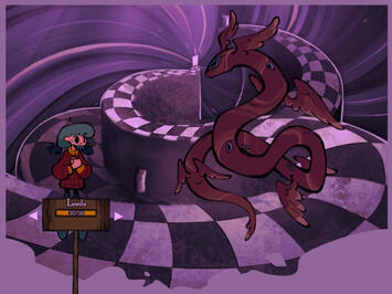 Hypno-Quest protagonist Leeda - a worried little girl with blue hair and a red sweater - fighting a long flying serpent-like creature with many eyes along its body in a distorded corridor with a checkered floor.