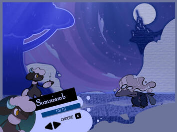 Hypno-Quest protagonist Somniamb - an antropomorphic lamb with a moon badge atop its head - fighting a bird-like creature producing smoke from the top of its long beak in a dreamy landscape with a floating castle in the distance, behind clouds and under th