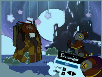 Motheus VS Dummight Hypno-Quest protagonist Motheus - a moth-like character in heavy long checkered coat wearing a pillow as a bow tie - fighting a knight puppet-like creature missing one of it's yellow button eyes and using a needle as a spear in front of a checkered path le